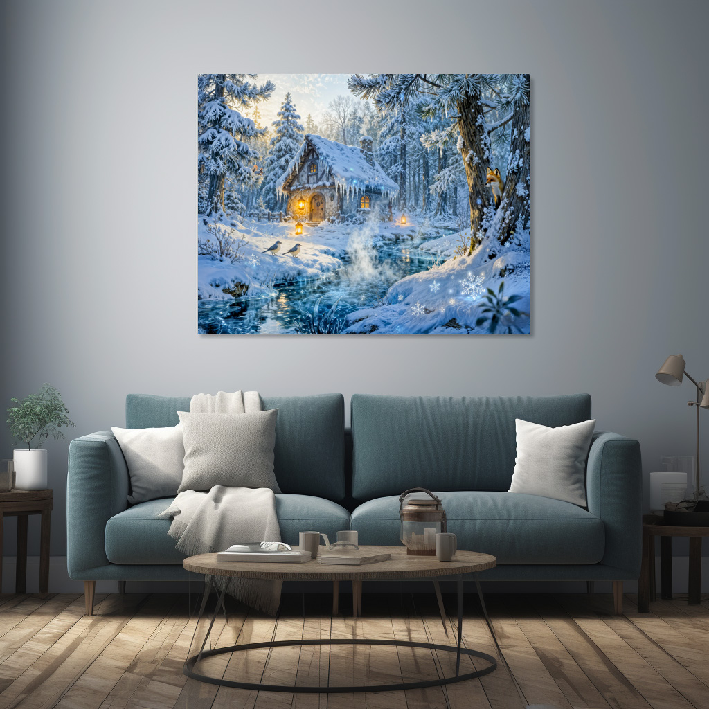 Poster: Winter Cottage by the Forest Stream