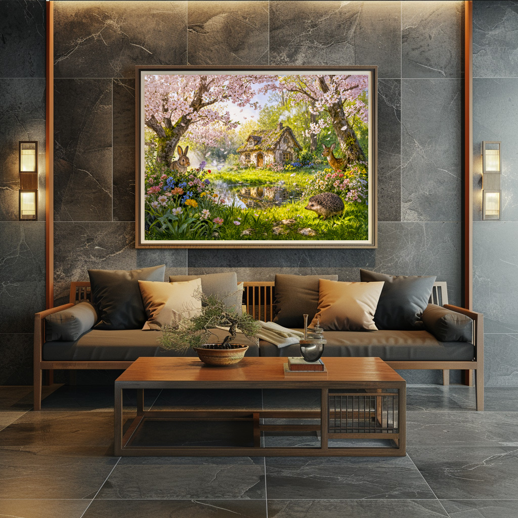 Poster: Cherry Blossom Cottage by the Garden Pond