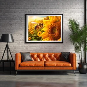 Poster: honeybee gracefully collecting nectar from a vibrant sunflower