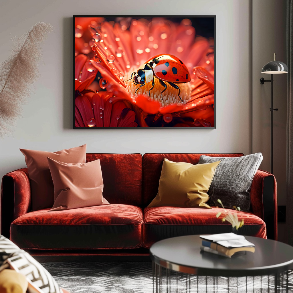 Poster: ladybug delicately exploring the intricate patterns of a blooming flower petal