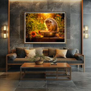 Poster: hedgehog indulging in cat food from the bowl