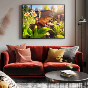 Poster: satisfied frog perched on a garden bed