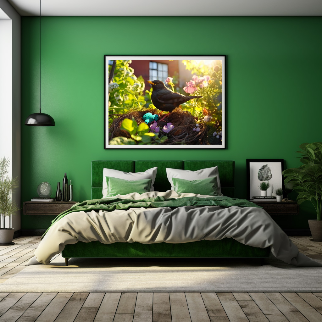 Poster: blackbird breeding in nest in the flowerbed, their feathers glowing in the morning light – Bild 3