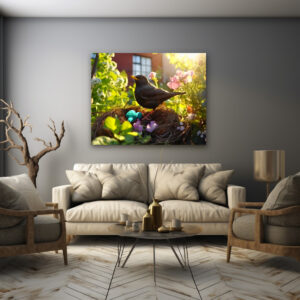 Poster: blackbird breeding in nest in the flowerbed, their feathers glowing in the morning light