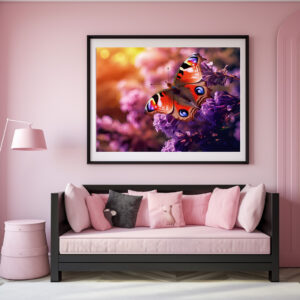 Poster: majestic peacock butterfly gracefully landing amidst a purple lilac