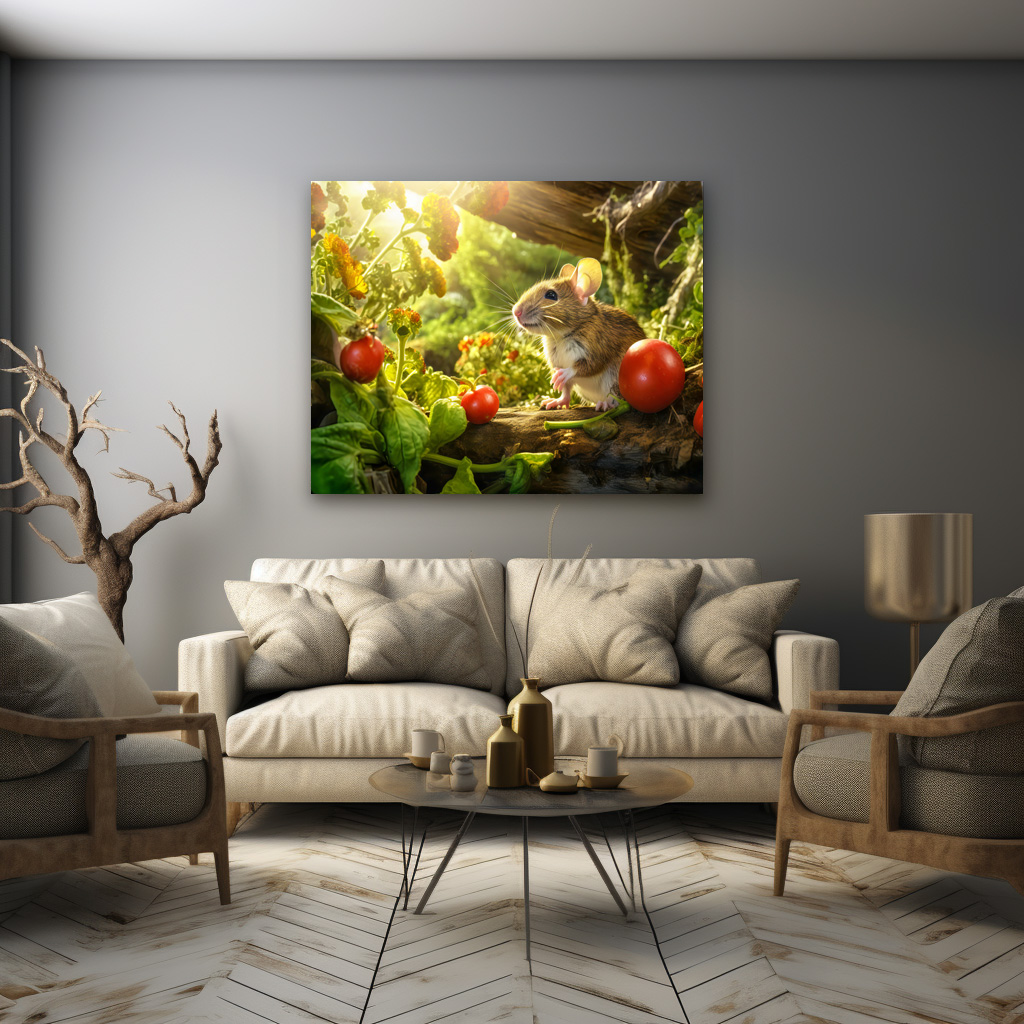 Poster: Little mouse in the backyard of garden between tomatos sitting in sun. – Bild 3