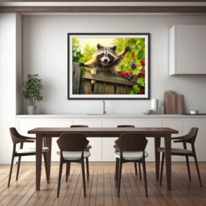 Poster: raccoon skillfully scaling a garden fence