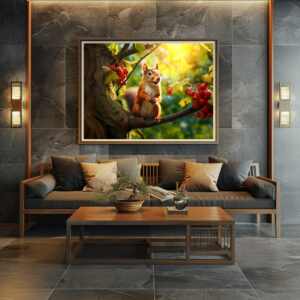 Poster: curious squirrel perched on a branch, nibbling on a freshly fruits