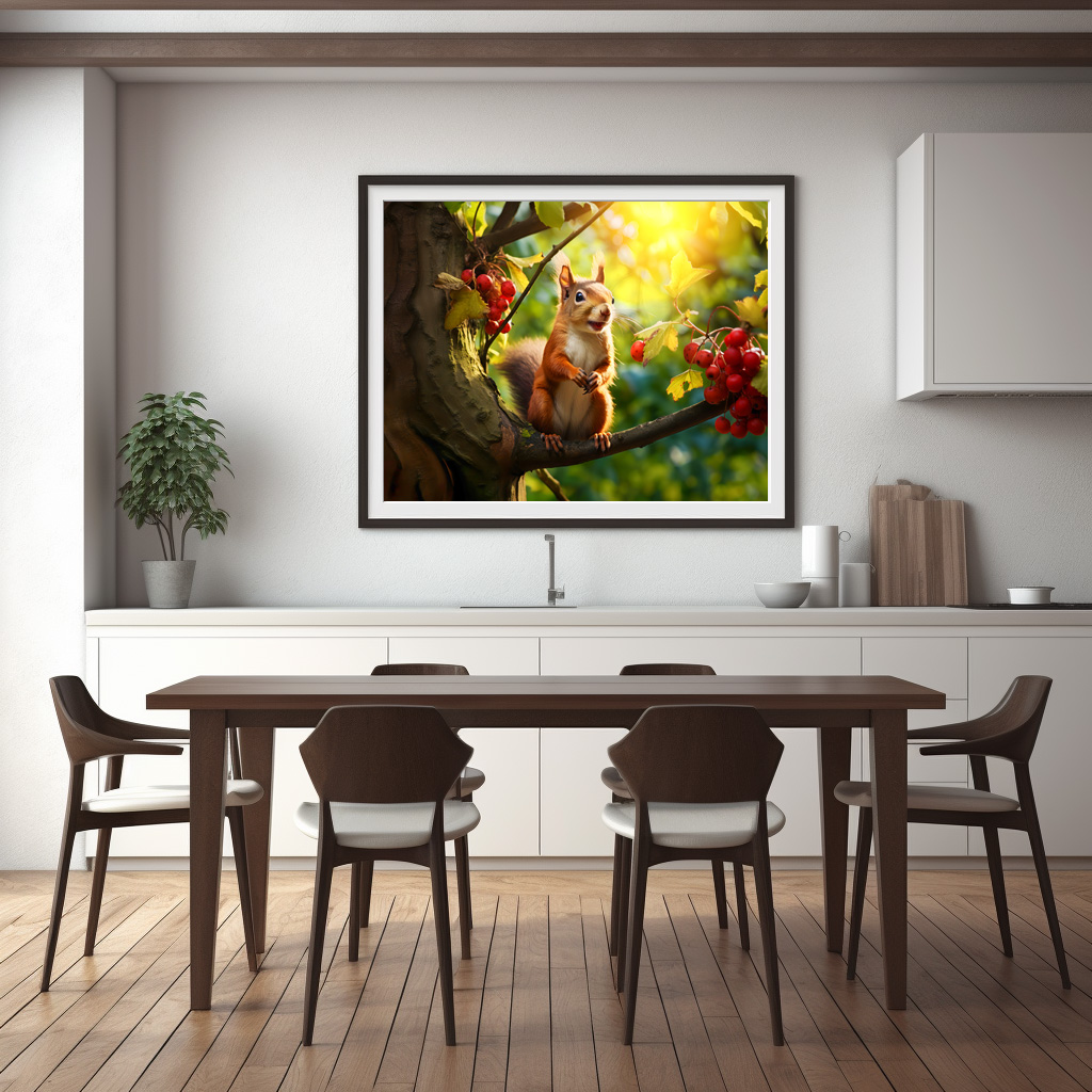Poster: curious squirrel perched on a branch, nibbling on a freshly fruits - immagine 2