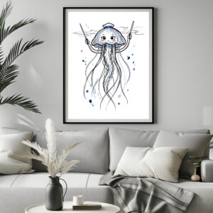 Poster: Jellyfish Conductor Leading Rhythm in Marine Ink Illustration