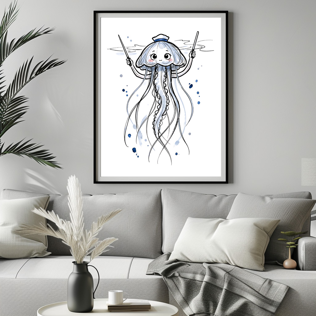 Poster: Jellyfish Conductor Leading Rhythm in Marine Ink Illustration