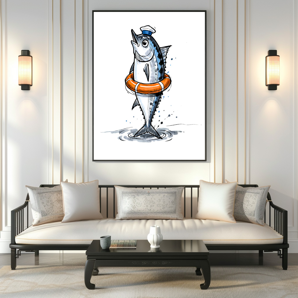 Poster: Herring with Lifebuoy in Marine Ink Illustration