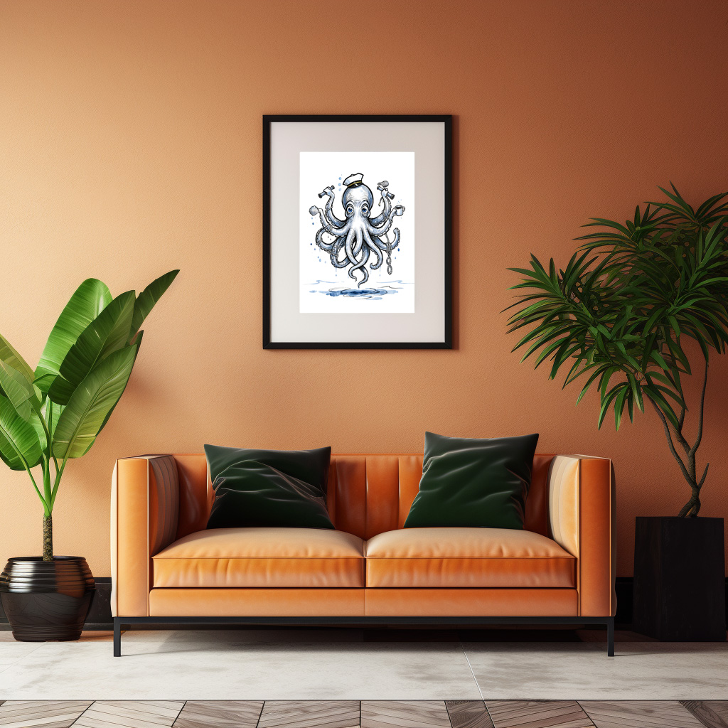Poster: Octopus Juggling Anchors in Playful Marine Ink Illustration – Bild 2