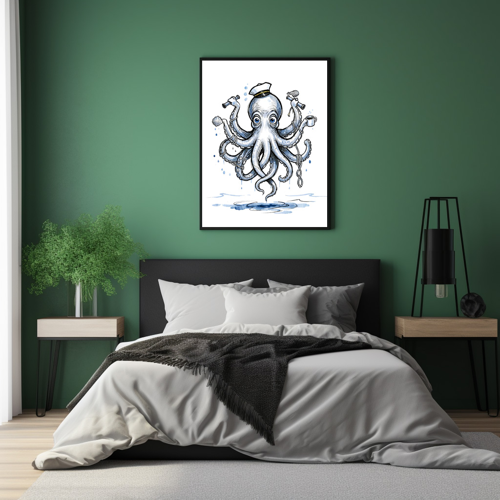 Poster: Octopus Juggling Anchors in Playful Marine Ink Illustration – Bild 3