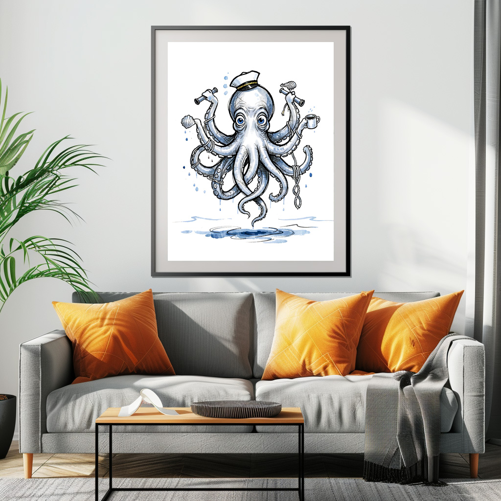 Poster: Octopus Juggling Anchors in Playful Marine Ink Illustration
