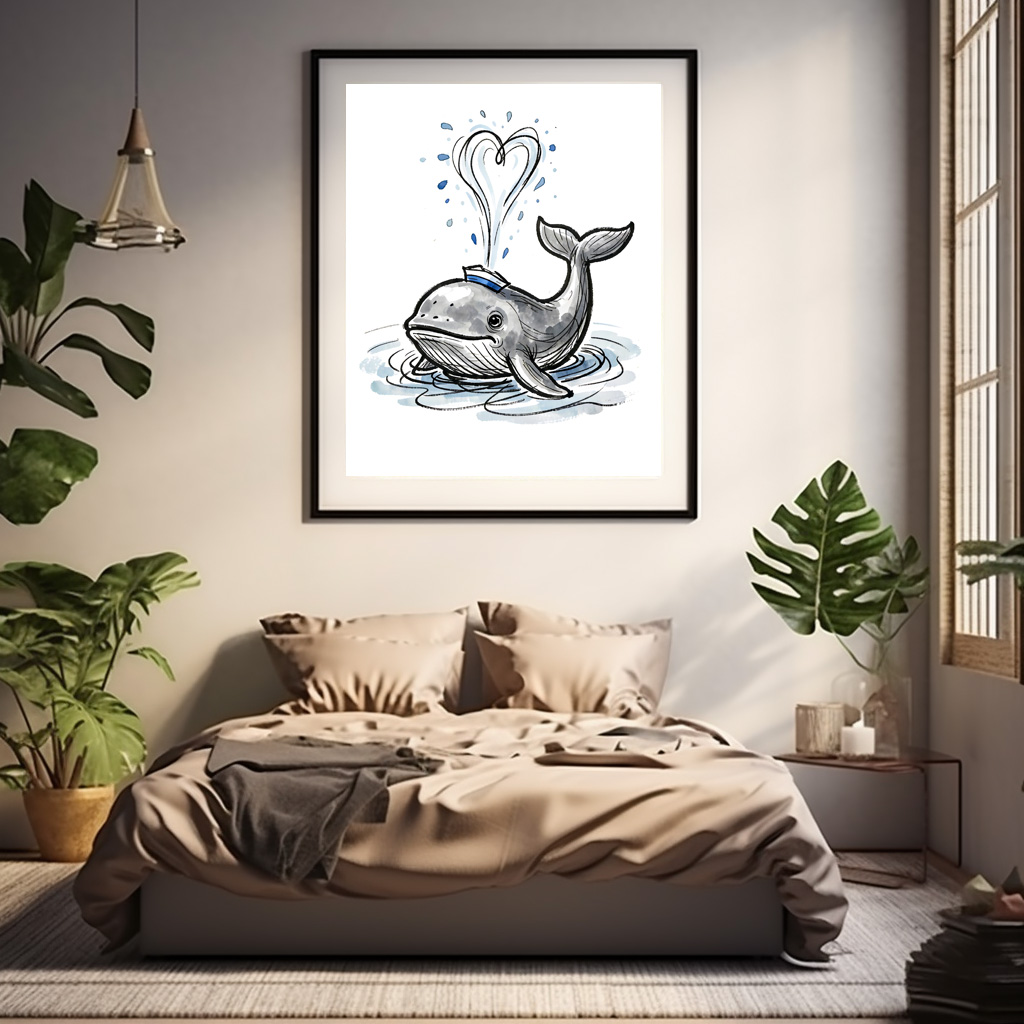 Poster: Joyful Whale Spraying Heart Fountain Marine Ink Illustration – Image 2