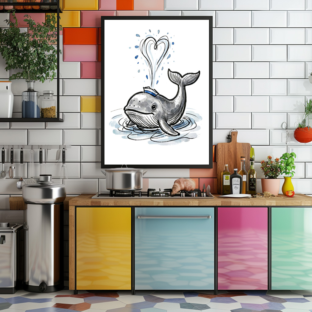 Poster: Joyful Whale Spraying Heart Fountain Marine Ink Illustration – Image 3