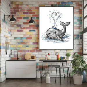 Poster: Joyful Whale Spraying Heart Fountain Marine Ink Illustration