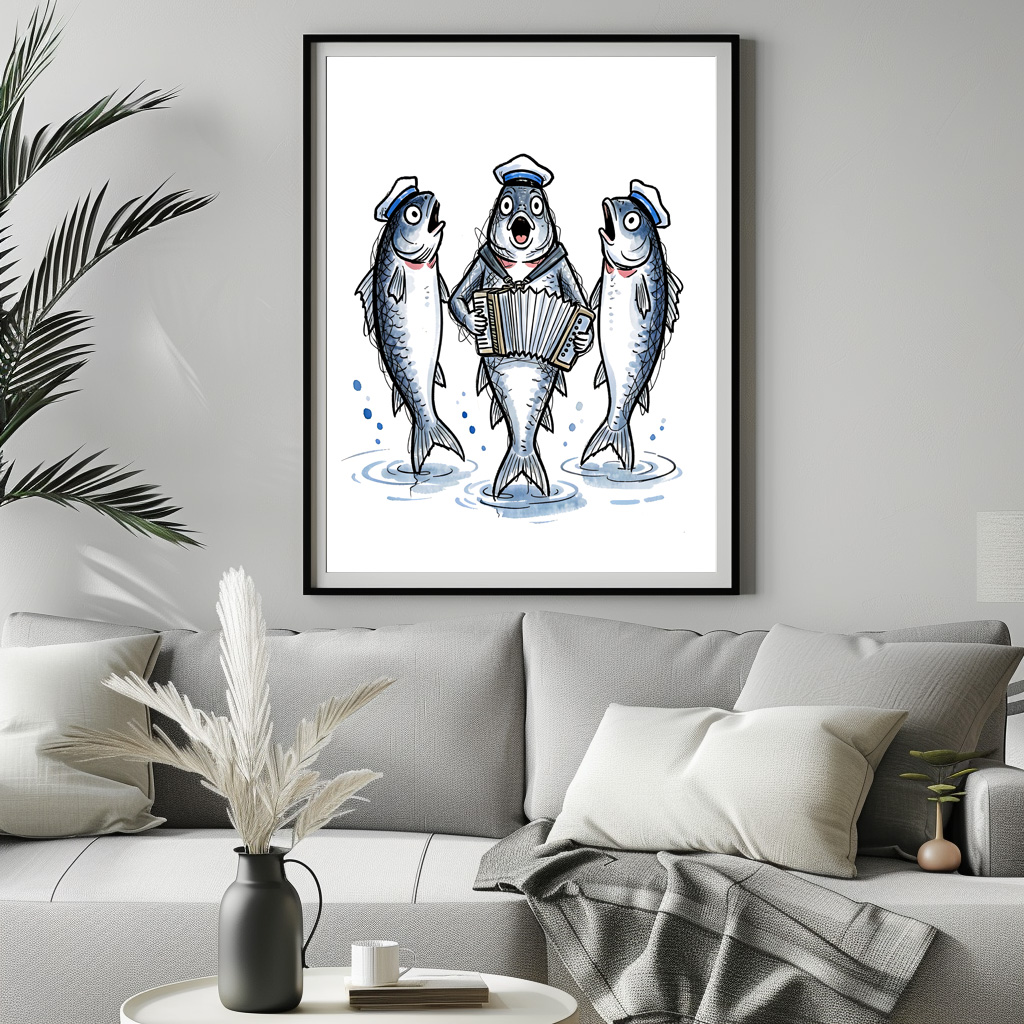 Poster: Cod Leading Chanty Choir in Marine Ink Illustration - immagine 2