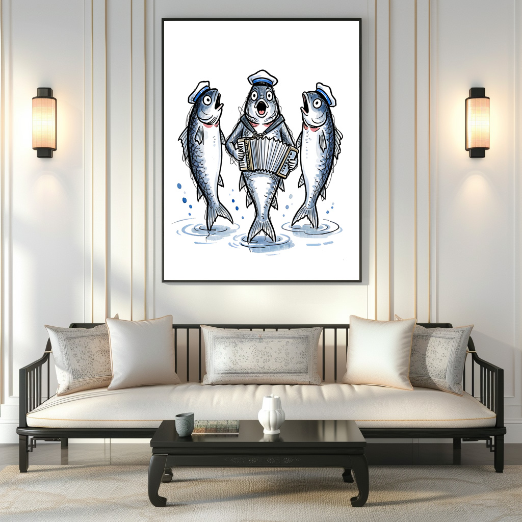 Poster: Cod Leading Chanty Choir in Marine Ink Illustration