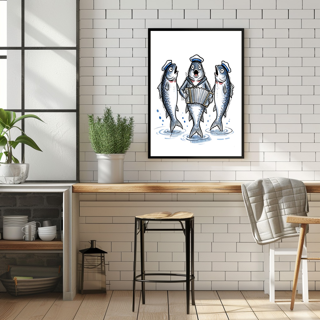 Poster: Cod Leading Chanty Choir in Marine Ink Illustration - immagine 3