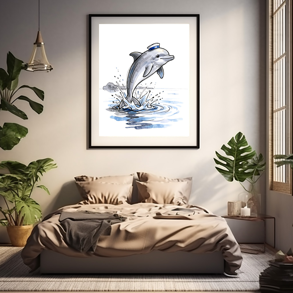 Poster: Playful Dolphin Leaping High in Marine Ink Illustration – Image 2
