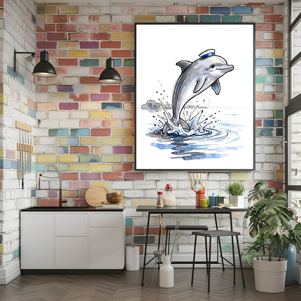 Poster: Playful Dolphin Leaping High in Marine Ink Illustration