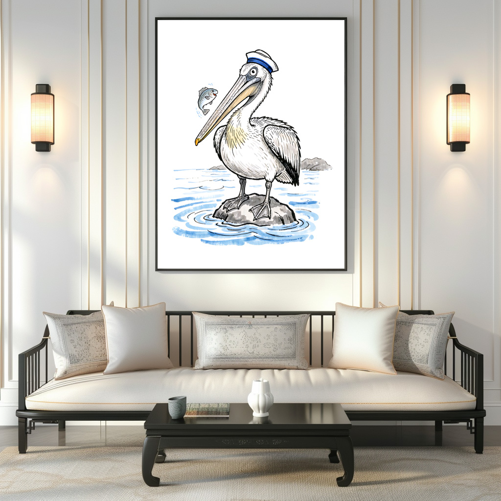 Poster: Pelican Standing Proud on Rock Ink Illustration – Bild 3