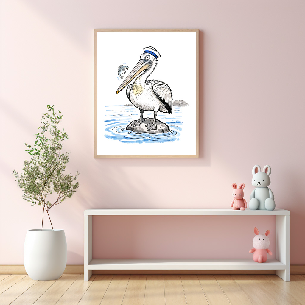 Poster: Pelican Standing Proud on Rock Ink Illustration