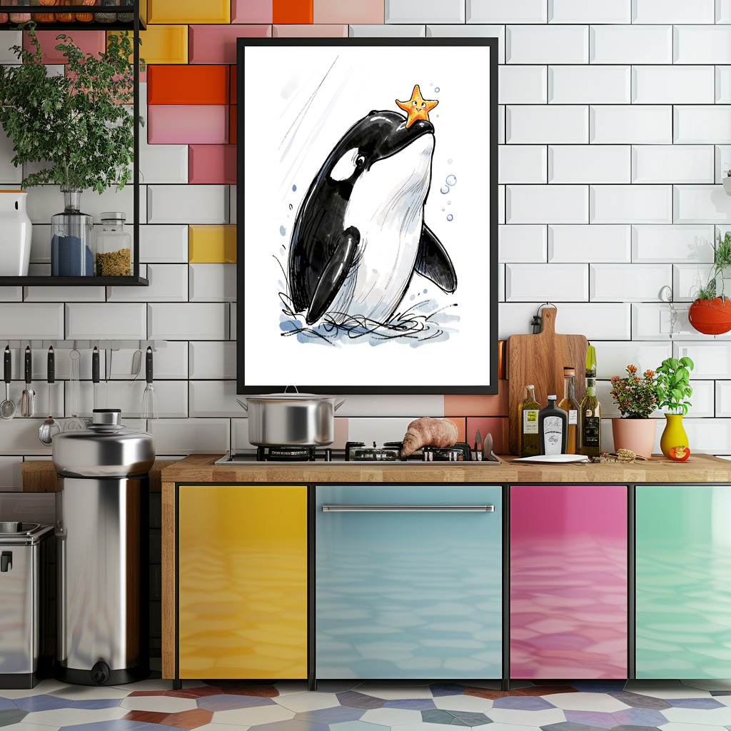 Poster: Orca Balancing Starfish Playfully Marine Ink Illustration - immagine 2