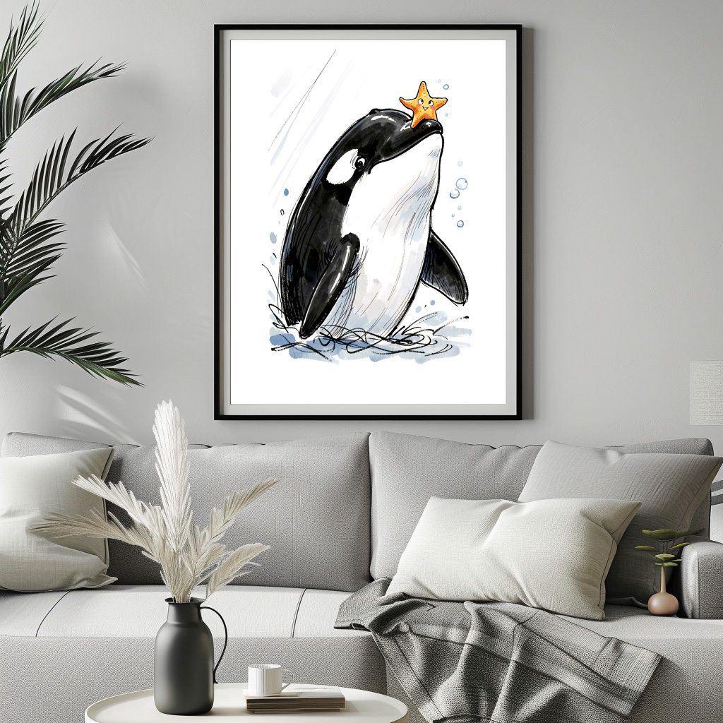 Poster: Orca Balancing Starfish Playfully Marine Ink Illustration - immagine 3