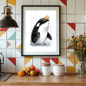 Poster: Orca Balancing Starfish Playfully Marine Ink Illustration