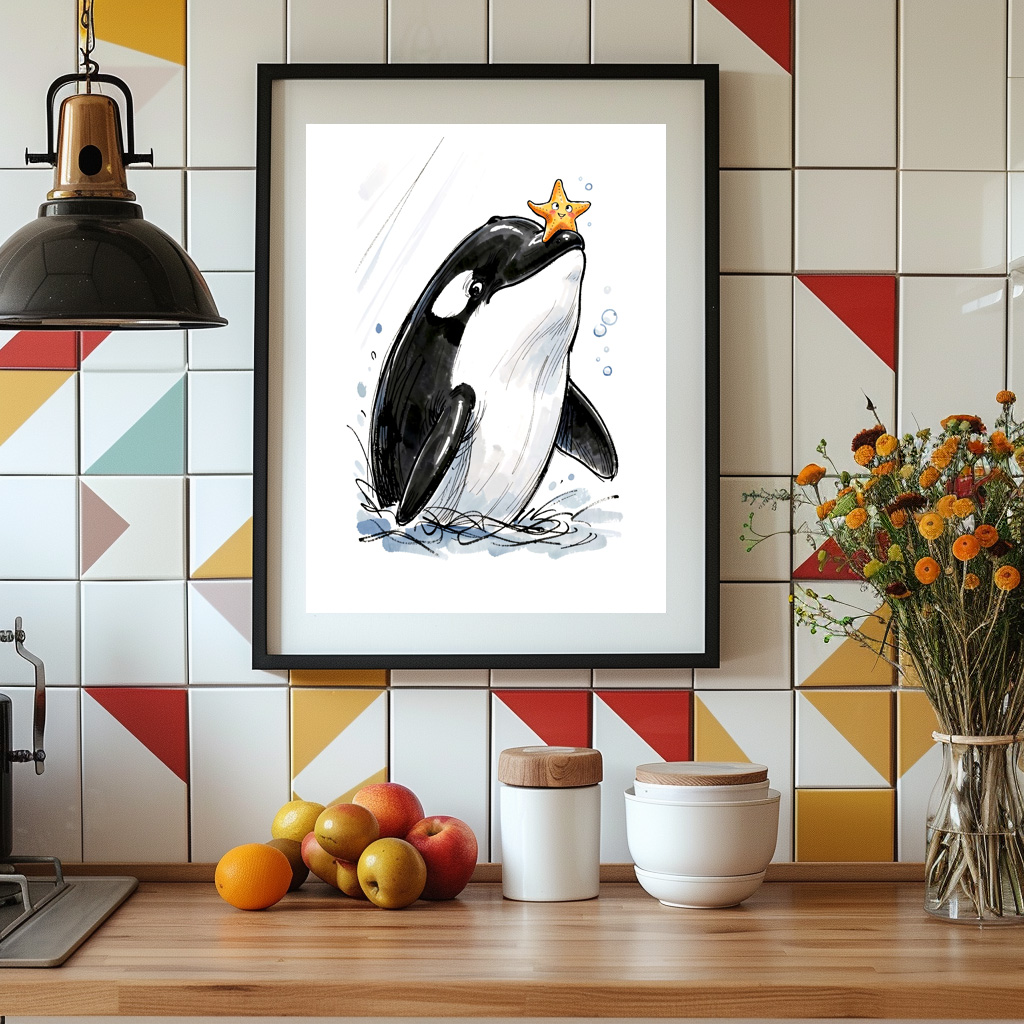 Poster: Orca Balancing Starfish Playfully Marine Ink Illustration