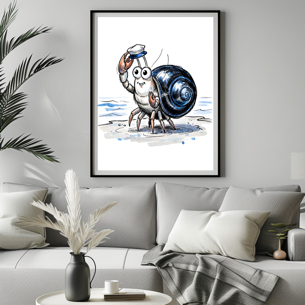 Poster: Hermit Crab Waving Cheerfully in Marine Ink Illustration – Bild 2
