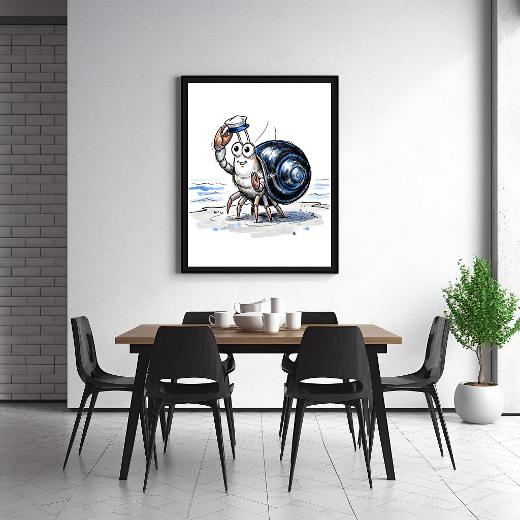 Poster: Hermit Crab Waving Cheerfully in Marine Ink Illustration