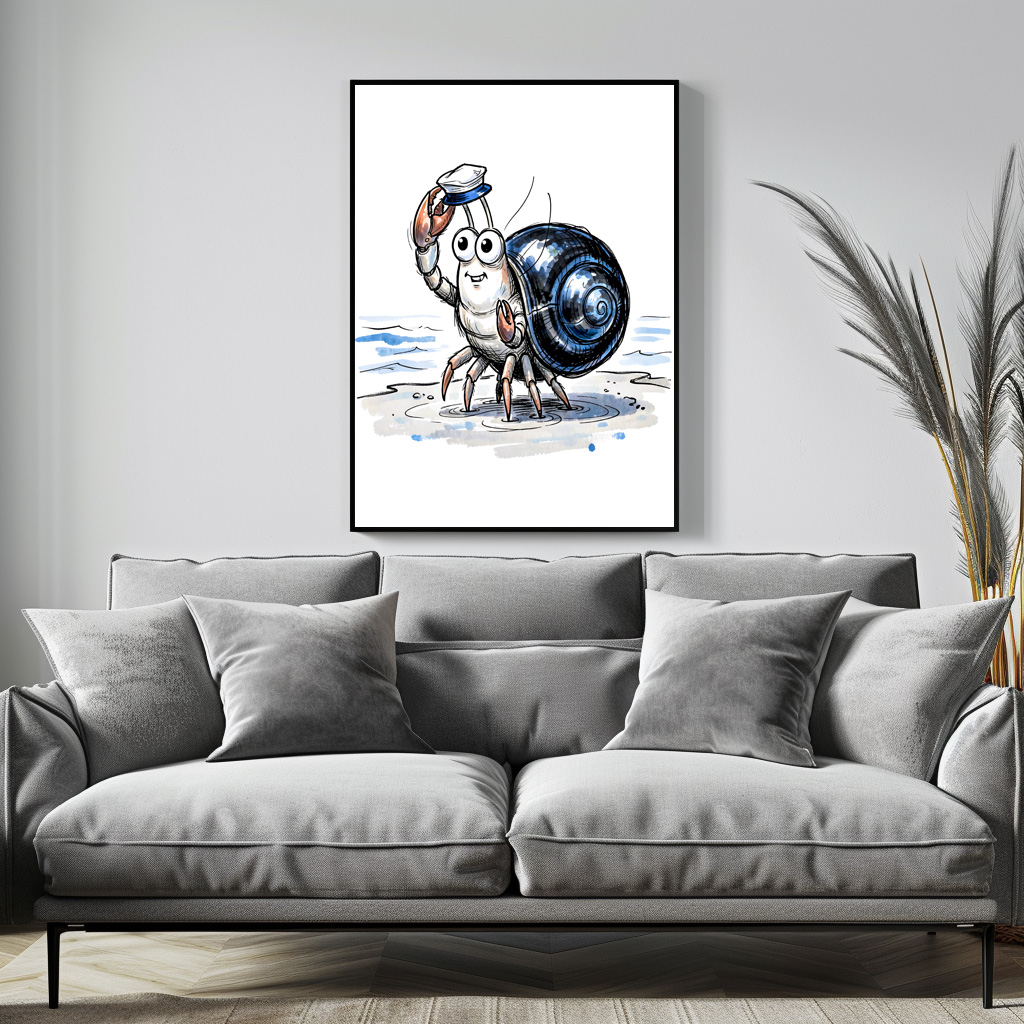 Poster: Hermit Crab Waving Cheerfully in Marine Ink Illustration – Bild 3