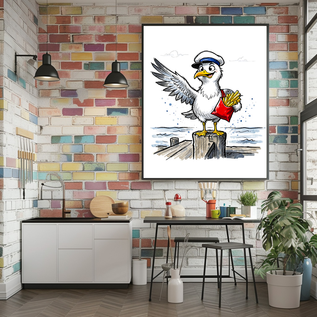 Poster: Seagull Stealing French Fries Marine Ink Illustration - Imagen 2