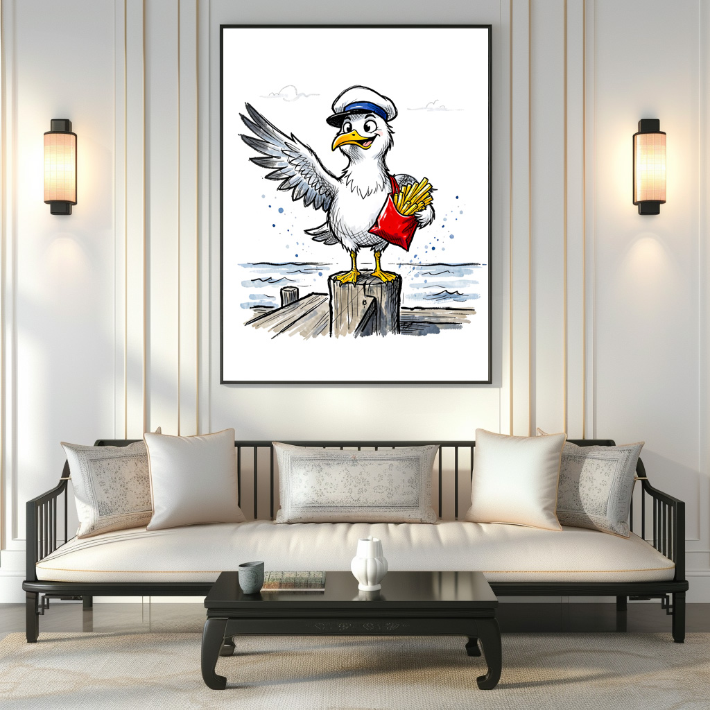 Poster: Seagull Stealing French Fries Marine Ink Illustration - Imagen 3