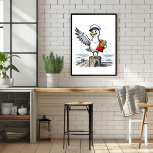Poster: Seagull Stealing French Fries Marine Ink Illustration