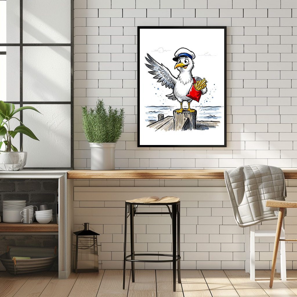 Poster: Seagull Stealing French Fries Marine Ink Illustration