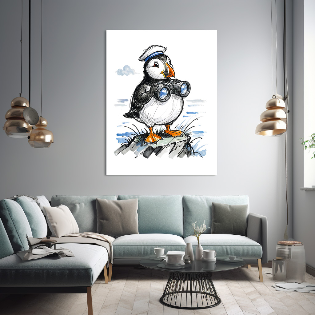 Poster: Puffin Scouting Horizon with Binoculars Ink Illustration - immagine 2