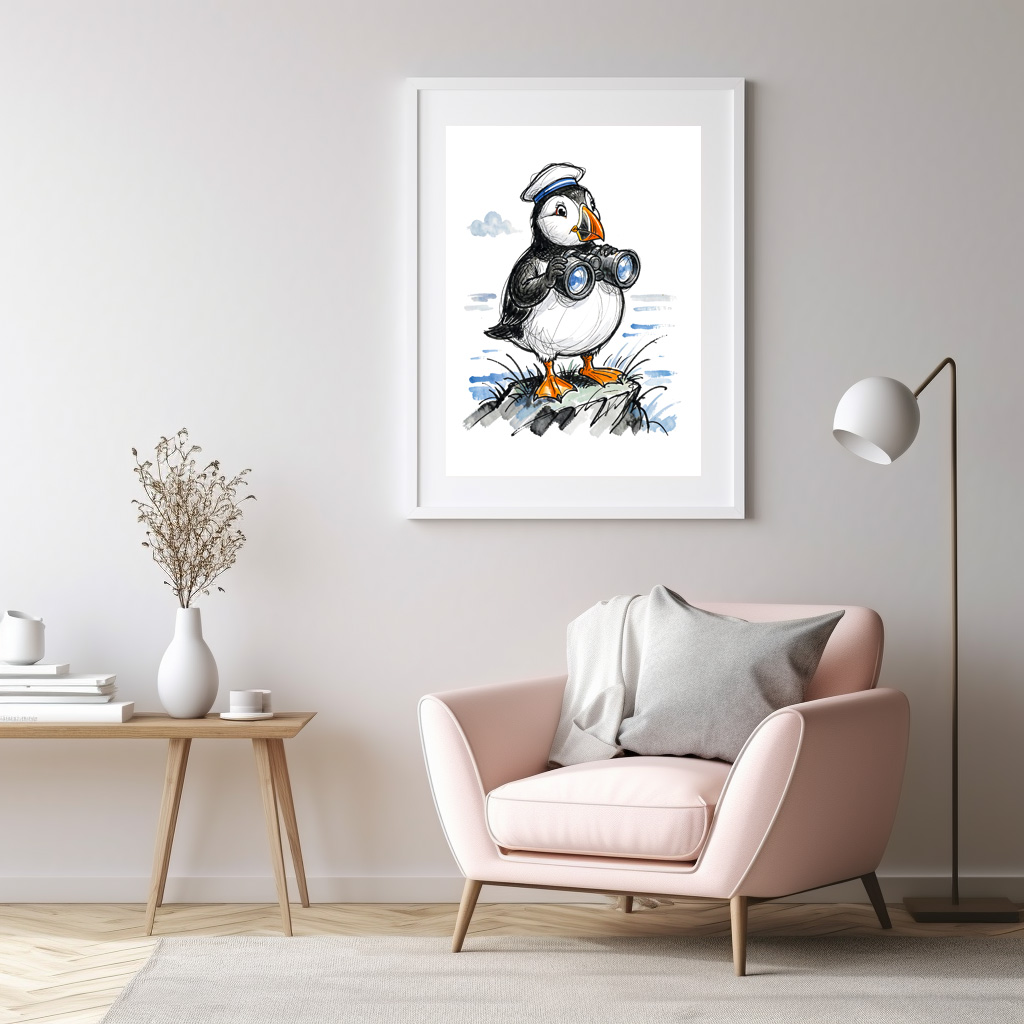 Poster: Puffin Scouting Horizon with Binoculars Ink Illustration - immagine 3