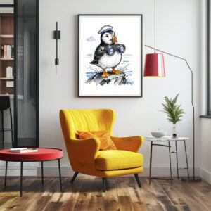 Poster: Puffin Scouting Horizon with Binoculars Ink Illustration