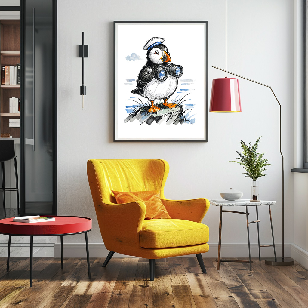 Poster: Puffin Scouting Horizon with Binoculars Ink Illustration