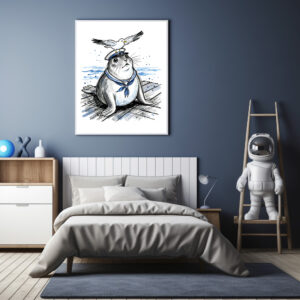 Poster: Harbor Seal with Seagull in Marine Ink Illustration