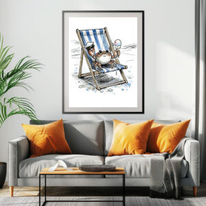 Poster: Relaxed Beach Crab Enjoying Ice Cream Ink Illustration