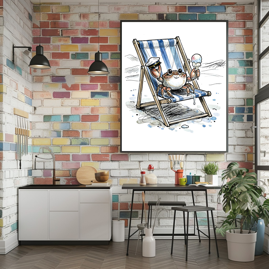 Poster: Relaxed Beach Crab Enjoying Ice Cream Ink Illustration – Bild 2