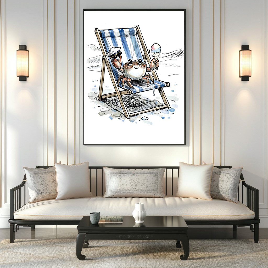 Poster: Relaxed Beach Crab Enjoying Ice Cream Ink Illustration – Bild 3