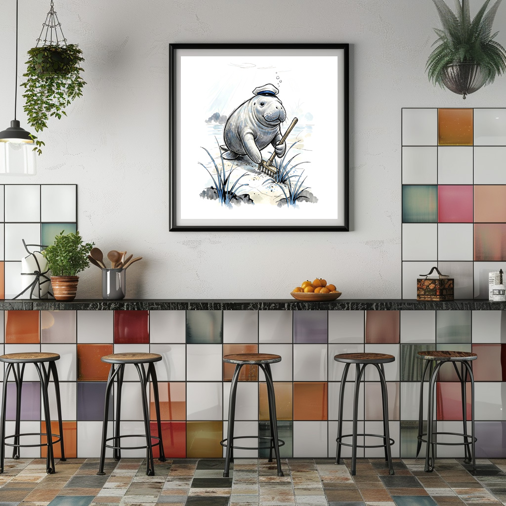 Poster: Manatee Gardening Coastal Meadow in Gentle Ink Illustration
