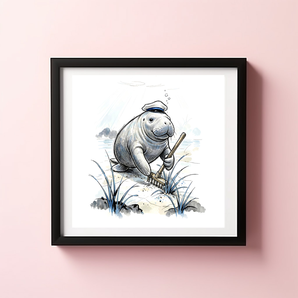 Poster: Manatee Gardening Coastal Meadow in Gentle Ink Illustration - Imagen 2